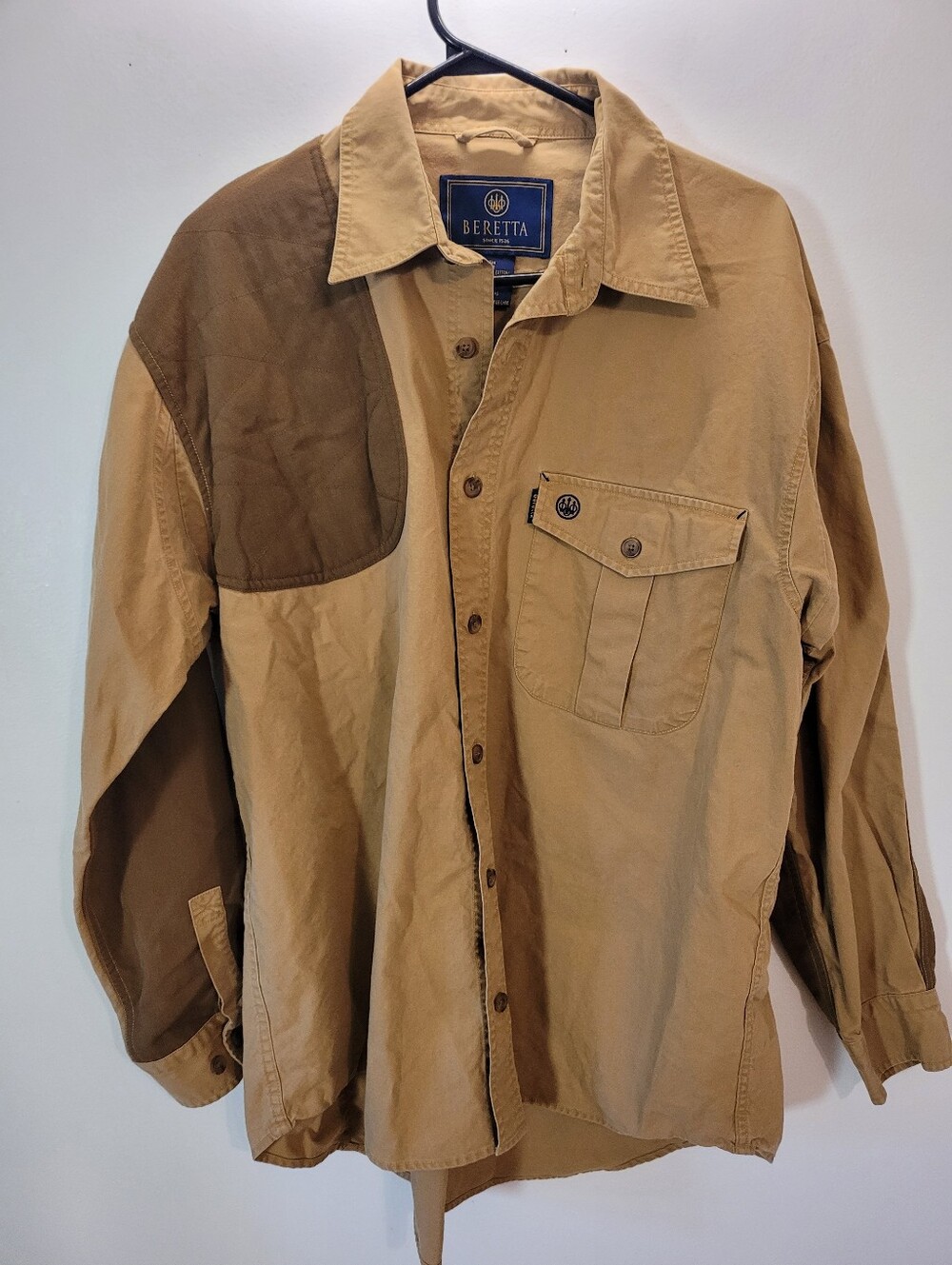 Beretta Tan & Brown Shooting Shirt Button Up Long Sleeve 100% Cotton - L